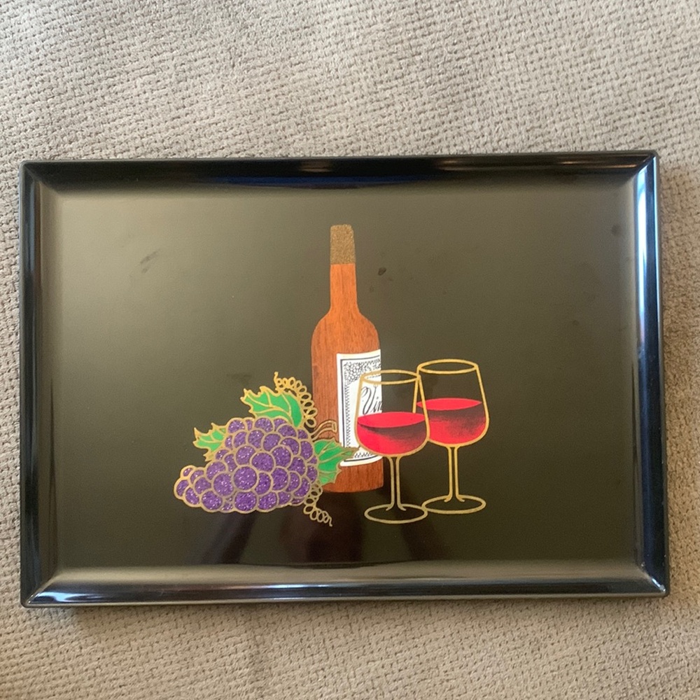 MCM Black Couroc Rectangle Vino Glasses & Grapes Serving Tray